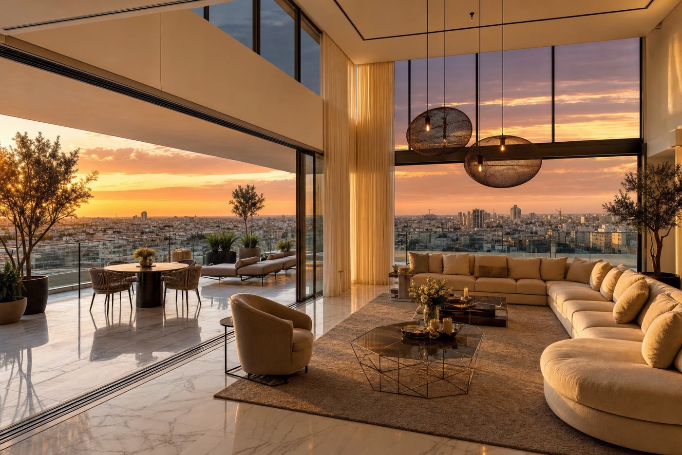 Nova District penthouse living room open to terrace with Beer Sheva sunset